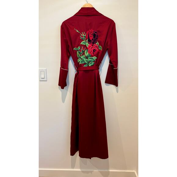 Bed to Brunch Maroon Silky Long Robe with Embroidered Roses – Size Small - Picture 1 of 8